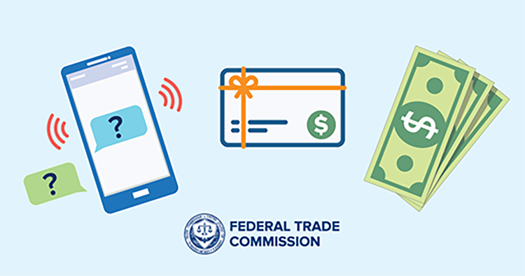 Federal Trade Commission graphic of a phone, a check and cash about refund scams