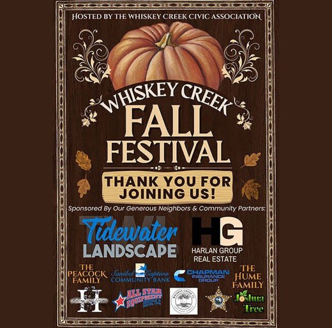 Whiskey Creek Fall Festival thank-you flyer listing sponsors and community partners