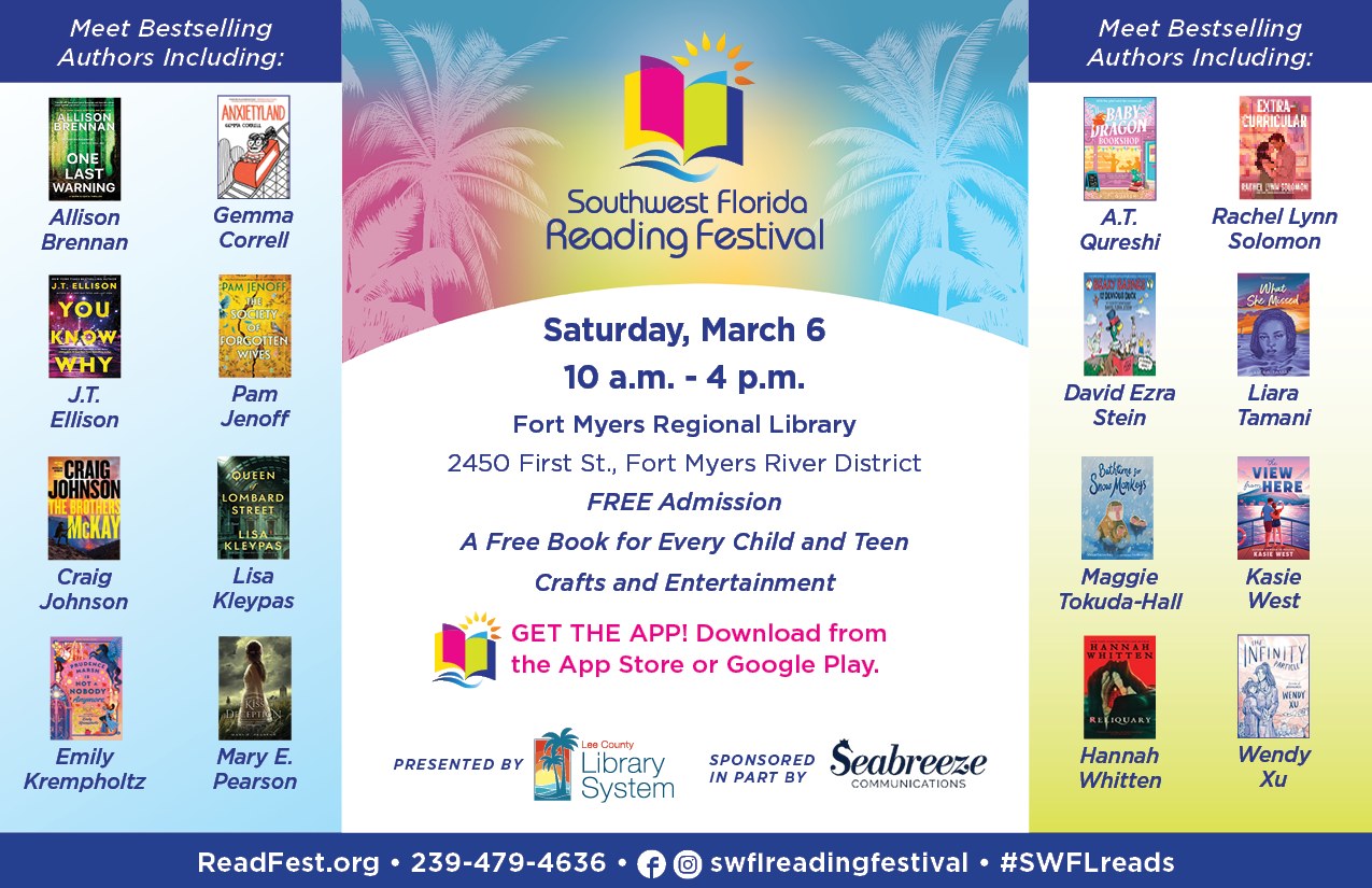 Southwest Florida Reading Festival flyer with author lineup and March 6 event details